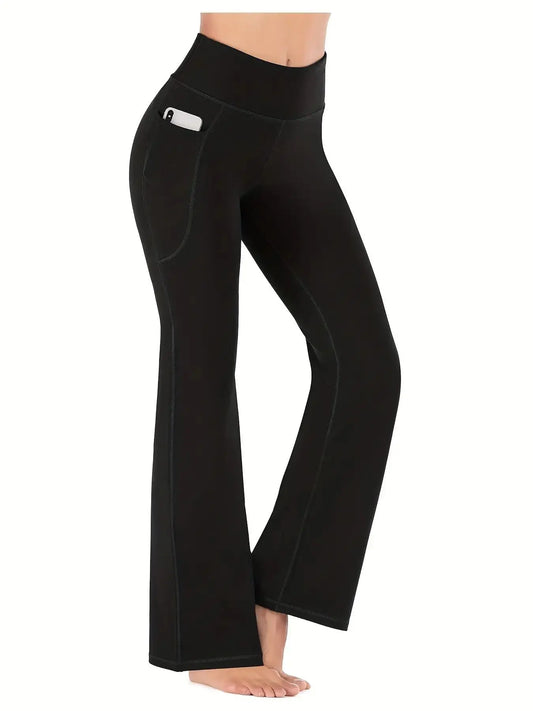 High-Waist Flared Leggings with Pocket - Stretch Fit & Retro Flair Black / M