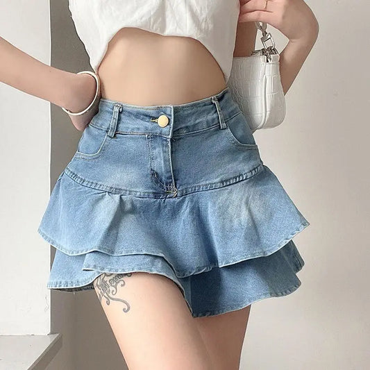 High-Waist Denim Ruffle Skirt Shorts